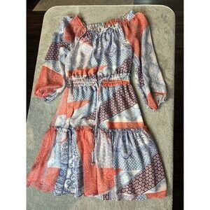 Tommy Hilfiger Women's Patchwork-Print Ruffled Dress Sky Blue and Coral  Size 6